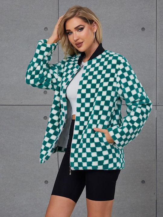 Damen Modische Kunstpelzjacke mit Karomuster und hohem Kragen EB