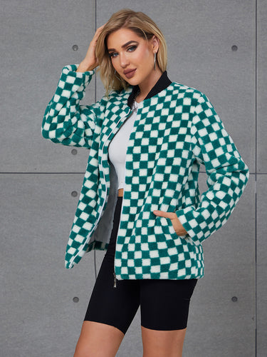 Damen Modische Kunstpelzjacke mit Karomuster und hohem Kragen EB