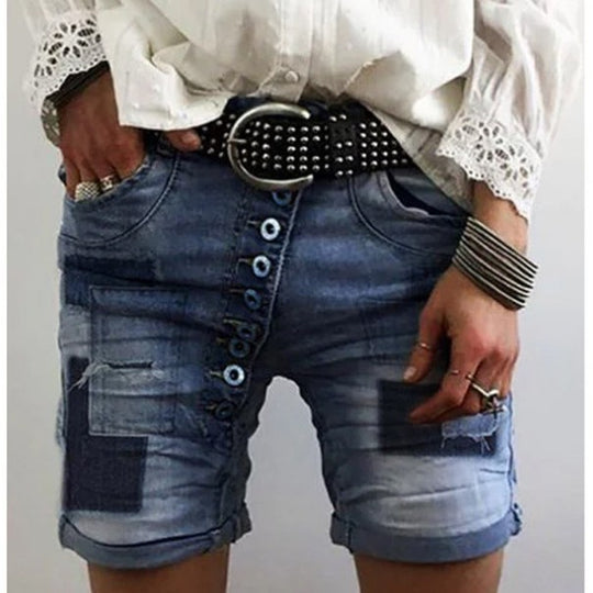 Damen modische Denim-Shorts mit funktionalen Taschen und distressed Akzenten EB