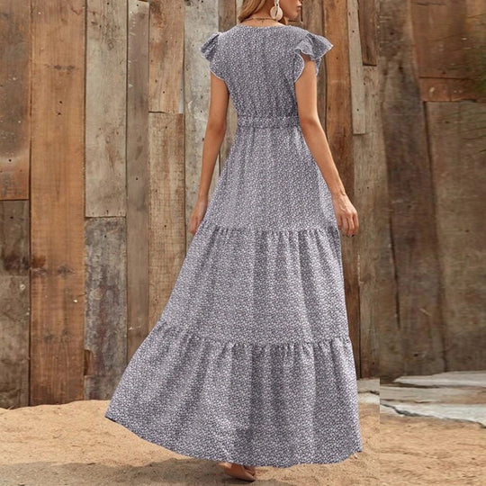 Damen Maxikleid mit zarten Rüschendetails und tieferem V-Ausschnitt EB