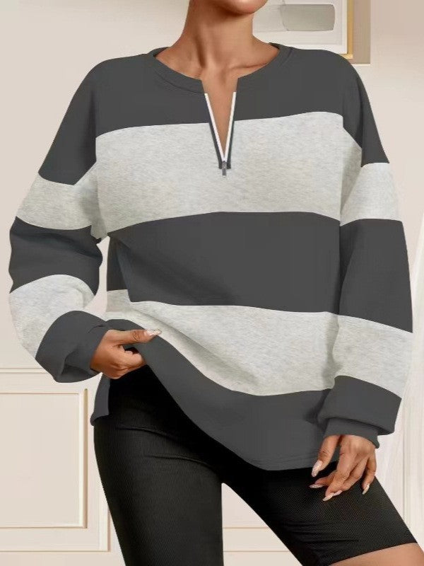 Damen Langarm Sweatshirt mit modernem Reißverschluss und gestreiftem Design EB