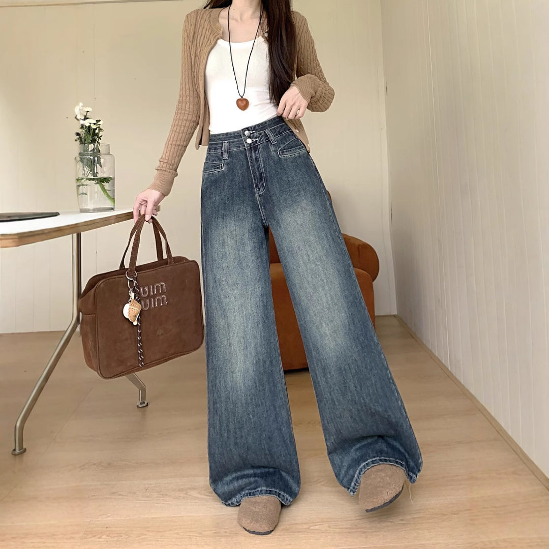 Damen Bequeme High-Waist Weitjeans mit Knopfdetail und modernen Taschen EB