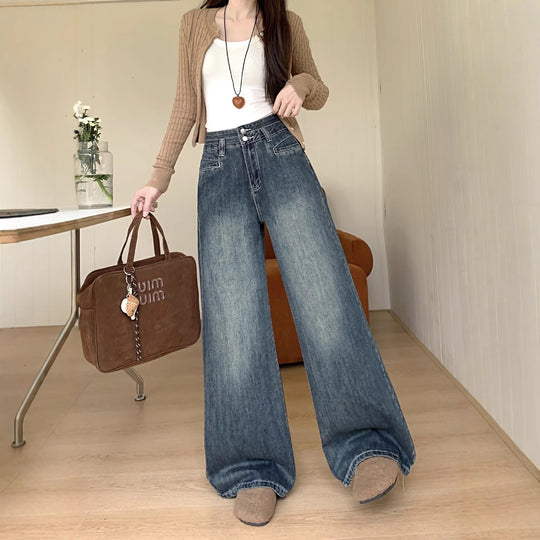 Damen Bequeme High-Waist Weitjeans mit Knopfdetail und modernen Taschen EB