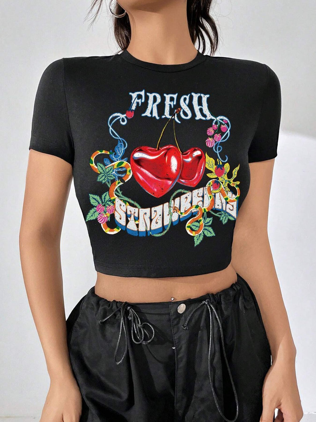 Damen Crop-Top mit floralem Grafikdruck und figurbetontem Schnitt EB