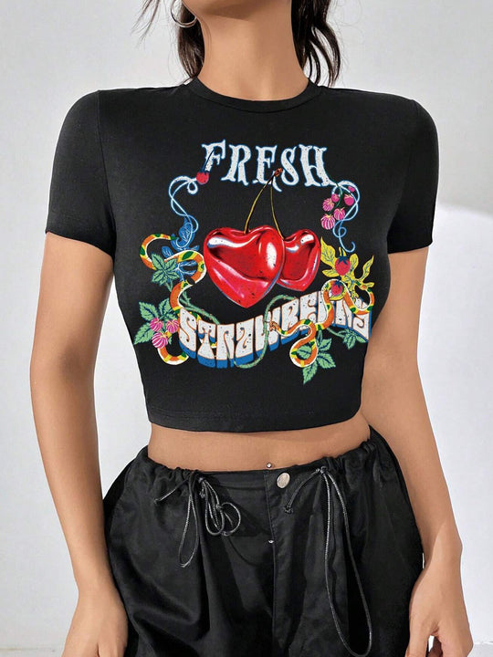 Damen Crop-Top mit floralem Grafikdruck und figurbetontem Schnitt EB