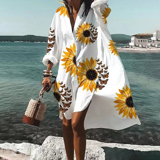 Damen nan luftiges Strandkleid Kaftan mit tropischem Blattprint und weitem Schnitt EB