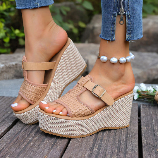Damen Wedge-Pantoletten mit geflochtenem Riemen und komfortablem Fußbett EB