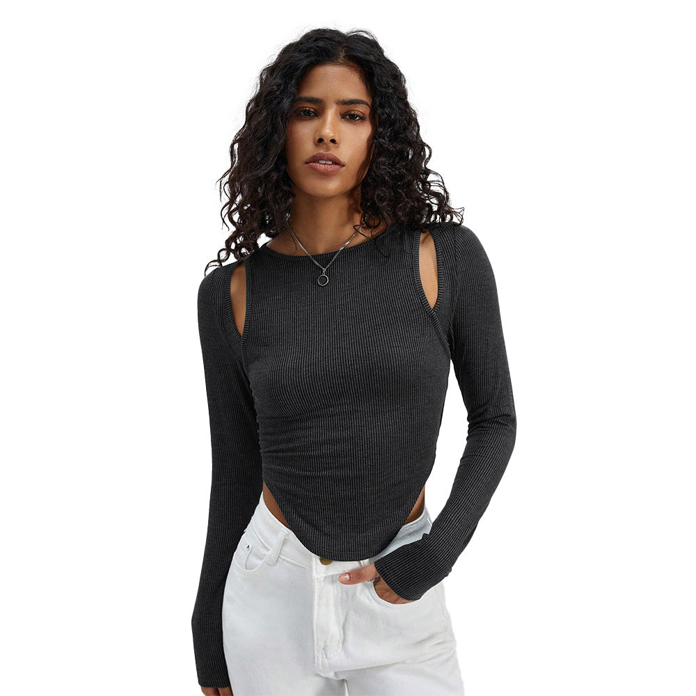 Damen geripptes Langarmshirt mit Cut-Out-Schultern und asymmetrischem Saum Eichborn Berlin