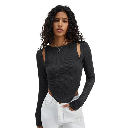 Damen geripptes Langarmshirt mit Cut-Out-Schultern und asymmetrischem Saum Eichborn Berlin