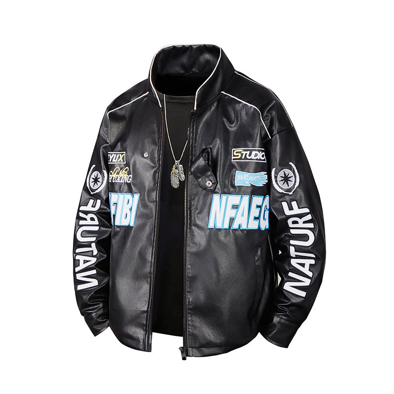 Men's  patch-detail street-style zip-up jacket with stand collar and graphic sleeve prints EB