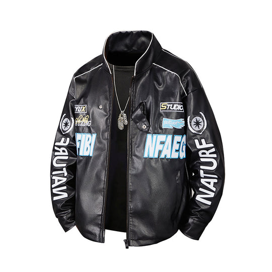 Men's  patch-detail street-style zip-up jacket with stand collar and graphic sleeve prints EB
