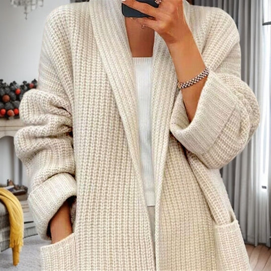 Damen nan langer übergroßer Strickmantel mit Schalkragen und aufgesetzten Taschen EB