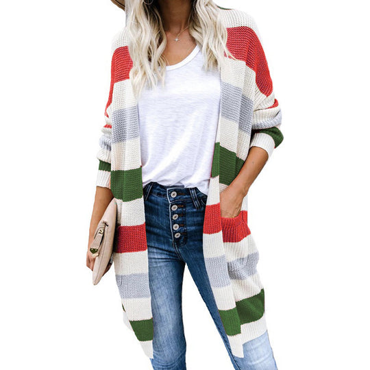 Damen lässige Strickjacke mit modischem Streifenmuster und praktischen Taschen EB