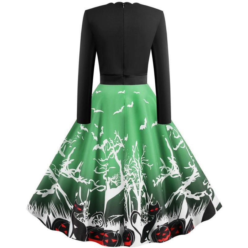 Damen Vintage Swingkleid mit gewelltem Ausschnitt, tailliertem Oberteil und Halloween-Print EB