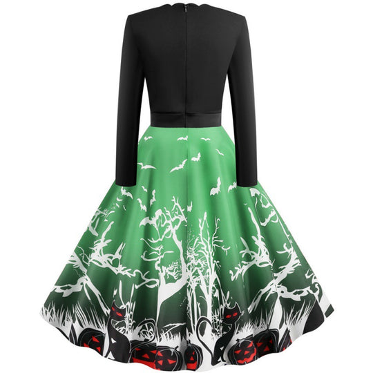 Damen Vintage Swingkleid mit gewelltem Ausschnitt, tailliertem Oberteil und Halloween-Print EB