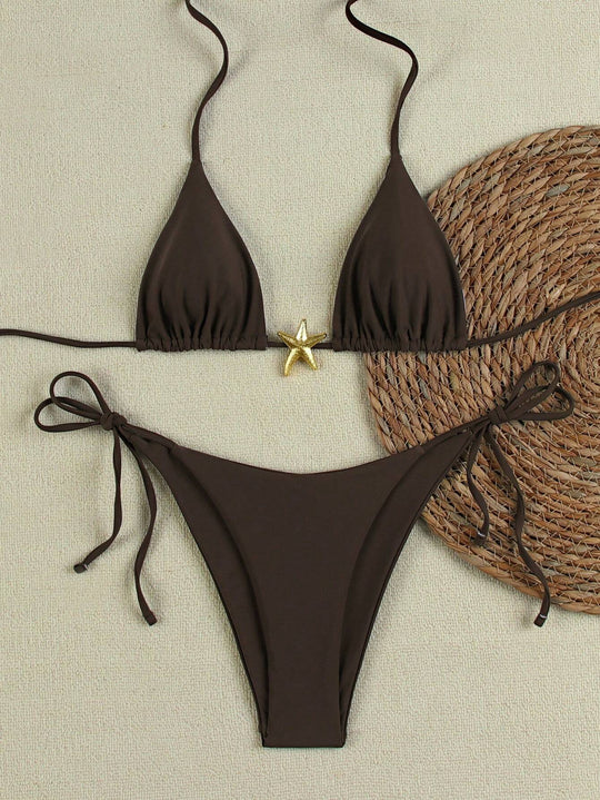 Damen Triangel-Bikini-Set mit verstellbaren Trägern und dekorativem Schmuckelement EB