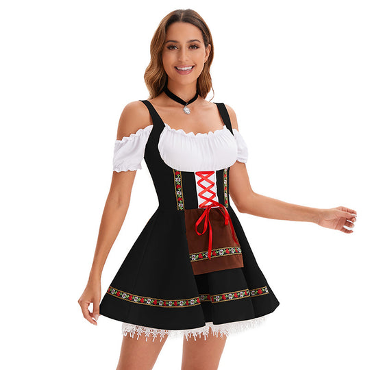 Damen nan kurzes Trachtenkleid im Dirndlstil mit Schnürung, schulterfreiem Carmen-Ausschnitt und Zierschürze EB
