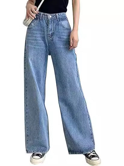 Damen nan hochgeschnittene weite Denim-Hose mit geradem Schlag und klassischem Five-Pocket-Design EB