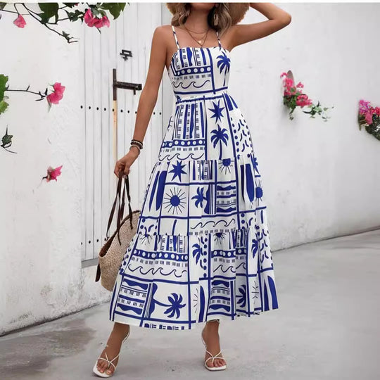 Damen Maxikleid mit angesagtem Grafikdruck und verstellbaren Spaghettiträgern EB