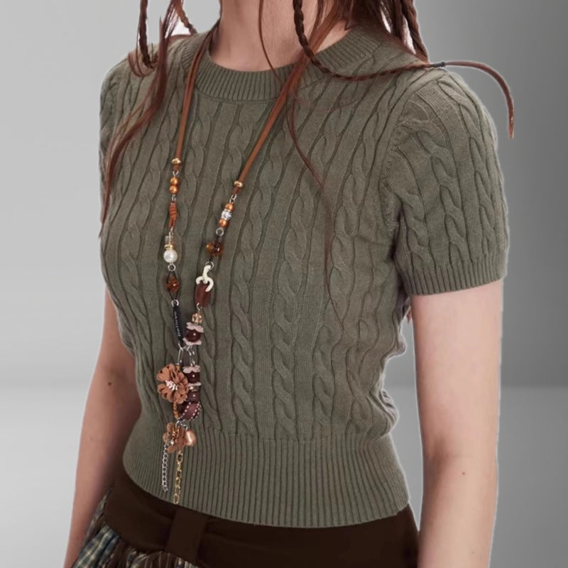 Damen Kurzarm Strickoberteil mit Kabelmuster EB