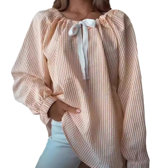 Damen Blusenshirt mit elastischem Puffärmel und dekorativem Bindeband EB