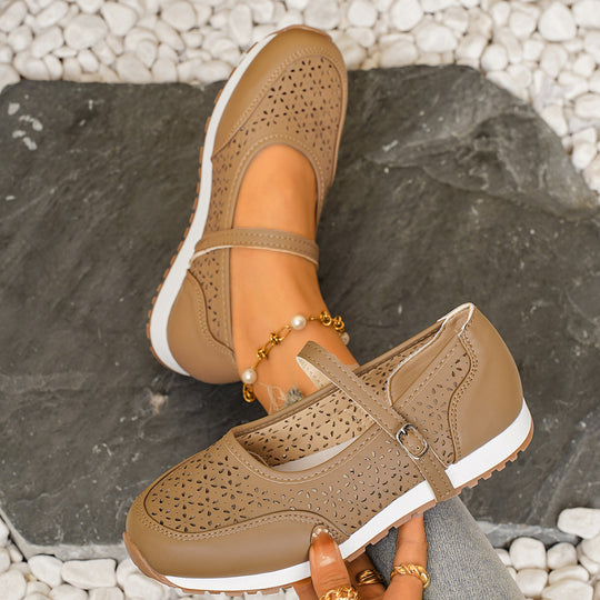 Damen Atmungsaktive Ballerinas mit elegantem Lochmuster und verstellbarem Riemen EB