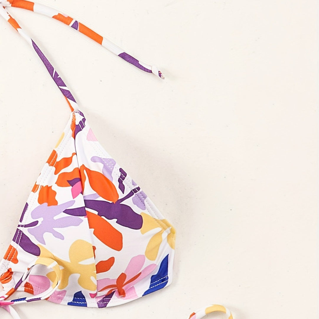 Damen Triangel-Bikini mit verstellbaren Schnüren und fröhlichem Blumenmuster EB