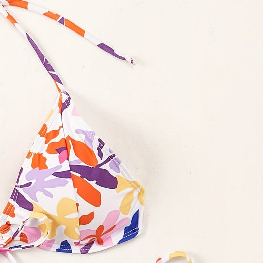 Damen Triangel-Bikini mit verstellbaren Schnüren und fröhlichem Blumenmuster EB