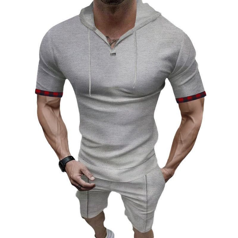 Herren nan sommerliches Kapuzen-Lounge-Set in leichter Waffelstruktur mit Kurzarm-Hoodie Henley-Öffnung und Komfort-Shorts EB
