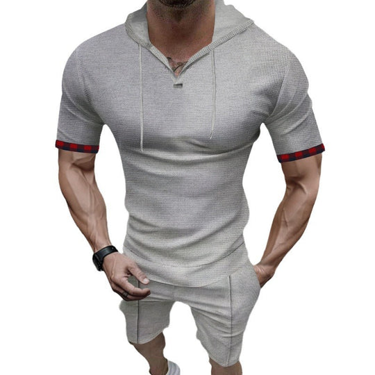 Herren nan sommerliches Kapuzen-Lounge-Set in leichter Waffelstruktur mit Kurzarm-Hoodie Henley-Öffnung und Komfort-Shorts EB