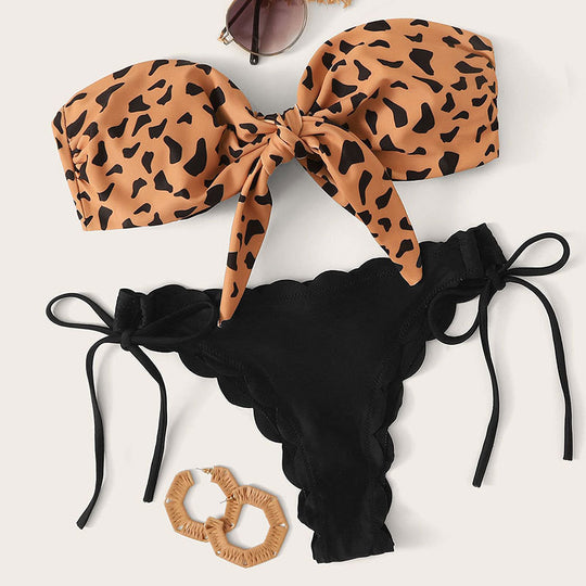 Damen Bandeau-Bikini mit floralem Knoten-Design und minimalistischen Slip EB