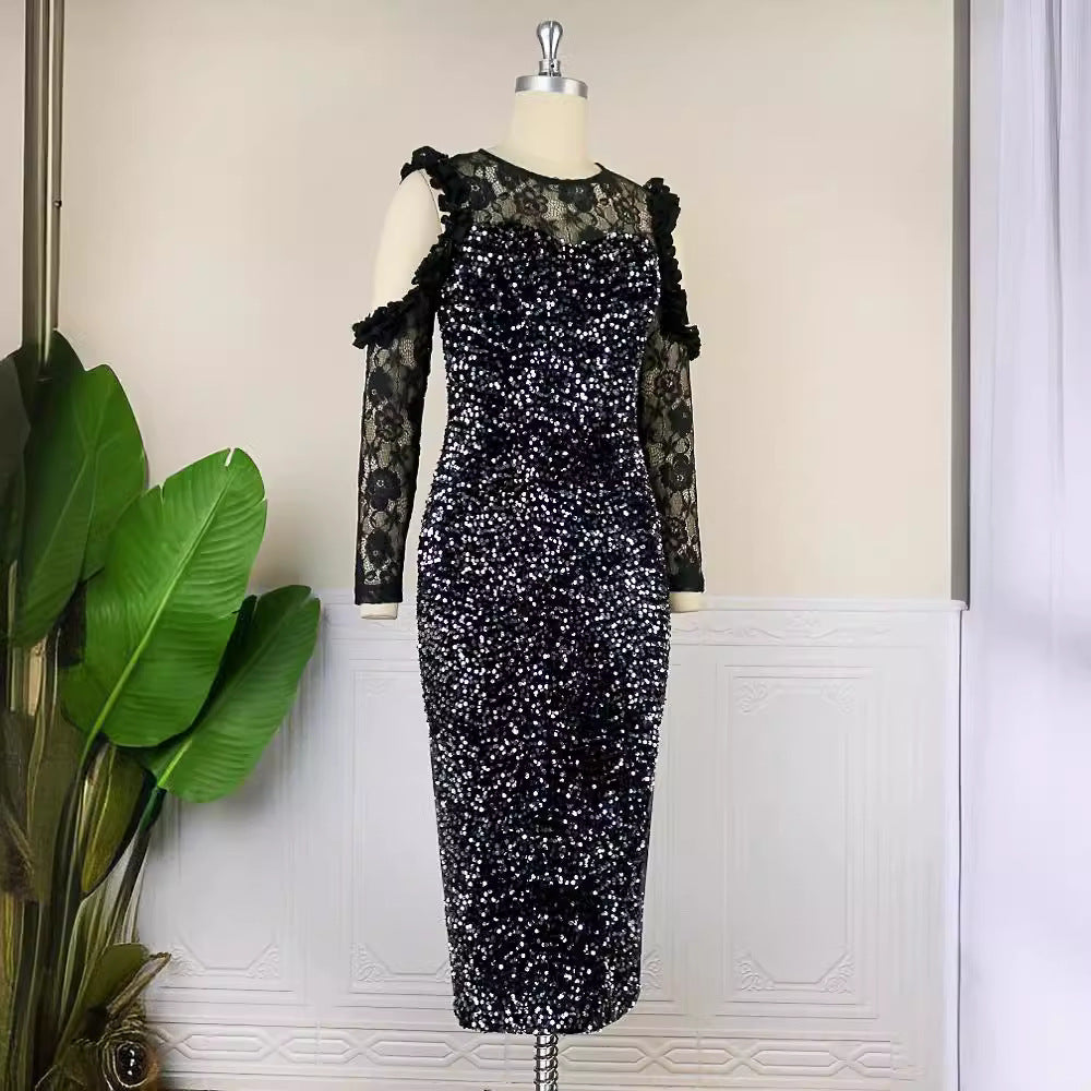 Damen Glitzerndes Festkleid mit eleganten Spitzendetails EB