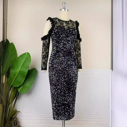 Damen Glitzerndes Festkleid mit eleganten Spitzendetails EB