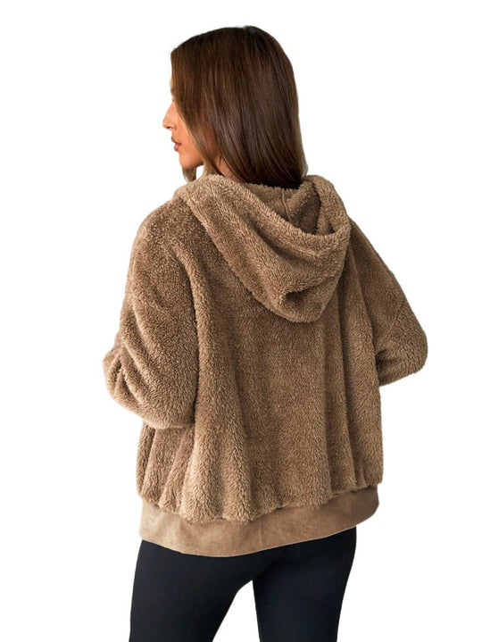 Damen Kuschelige Fleece-Jacke mit Känguru-Tasche und Kapuze EB