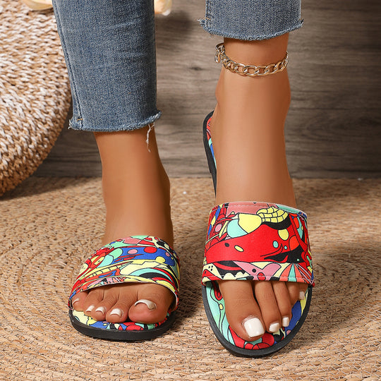 Damen Sommerliche Zehentrenner-Sandalen mit buntem Musterdruck EB