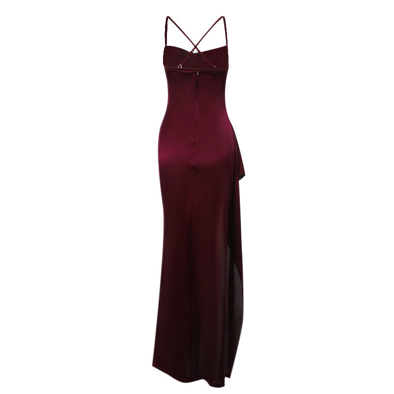 Damen elegantes Satin-Kleid mit tiefem Schlitz und verstellbaren Spaghetti-Trägern EB
