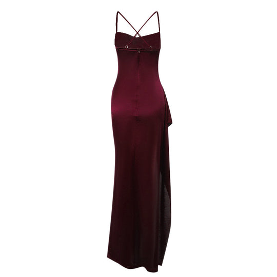 Damen elegantes Satin-Kleid mit tiefem Schlitz und verstellbaren Spaghetti-Trägern EB