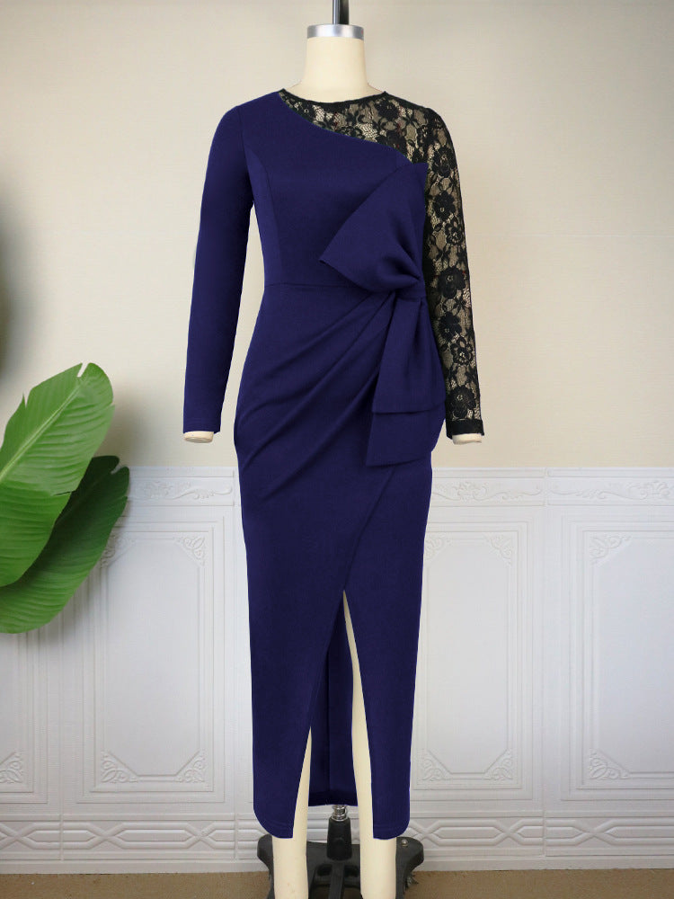 Damen elegantes Etuikleid mit aufwendigem Spitzenärmel und drapiertem Saum EB