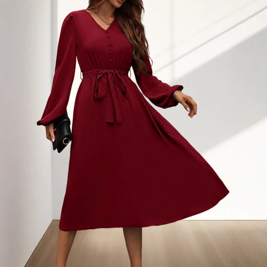 Damen Midikleid mit Taillengürtel und Knopfdetails EB