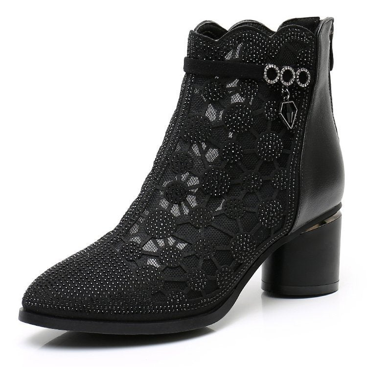 Damen elegante Ankle-Boots mit transparentem Blumendesign und komfortablem Blockabsatz EB