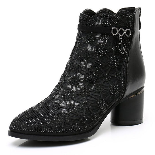 Damen elegante Ankle-Boots mit transparentem Blumendesign und komfortablem Blockabsatz EB