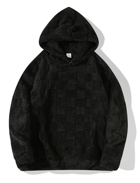 Damen nan Oversize-Plüschhoodie mit Karomuster, Kapuze und weichem Teddyfutter EB