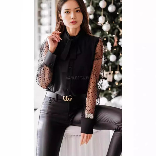 Damen Bluse mit transparenten Puffärmeln und filigranem Schleifen-Detail EB