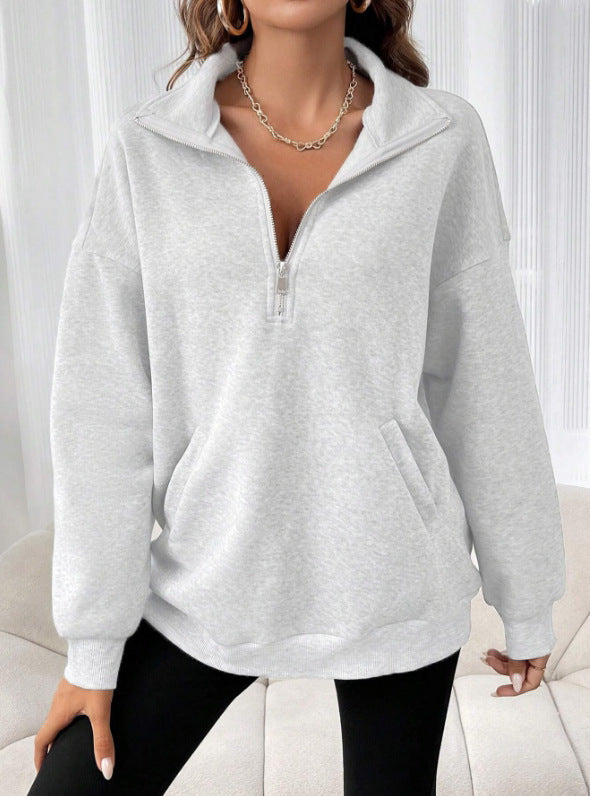 Damen Oversize Sweatshirt mit halbem Reißverschluss, Kängurutasche und Stehkragen EB