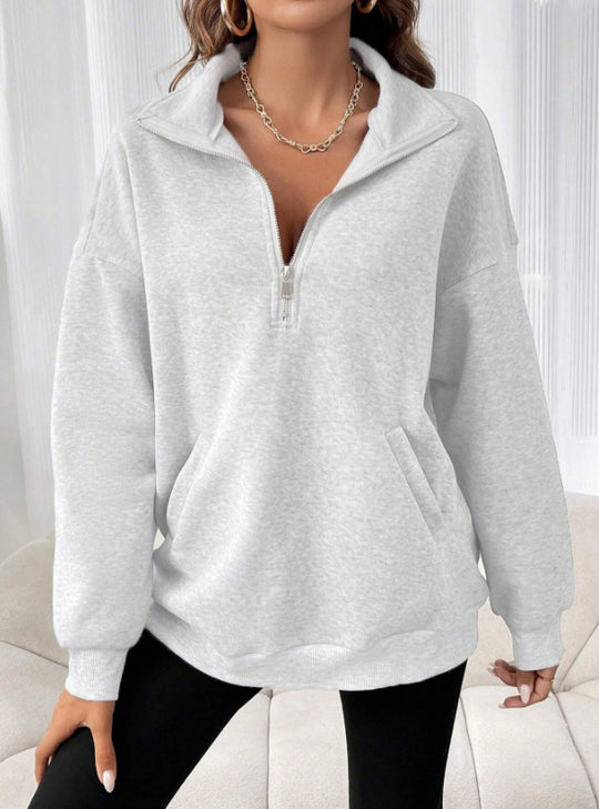 Damen Oversize Sweatshirt mit halbem Reißverschluss, Kängurutasche und Stehkragen EB