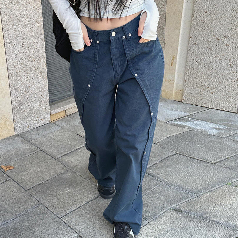 Damen Weite Utility-Hose mit dekorativen Druckknöpfen und modernen Akzenten EB