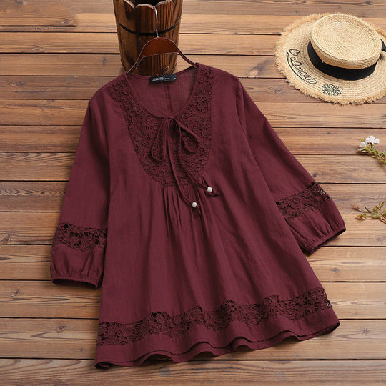 Damen Lässige Tunika-Bluse mit Häkelspitze, Bindekragen und dreiviertel Ärmeln EB