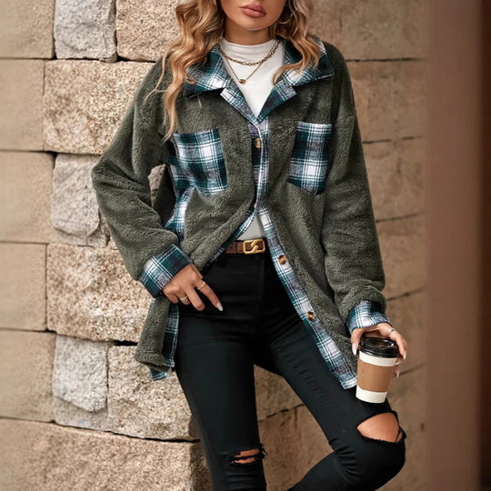 Damen Fleece-Hemdjacke mit Karomuster und weichem Innenfutter EB