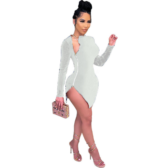 Damen Modisches Einteilerkleid mit asymmetrischem Reißverschluss und langen Ärmeln EB