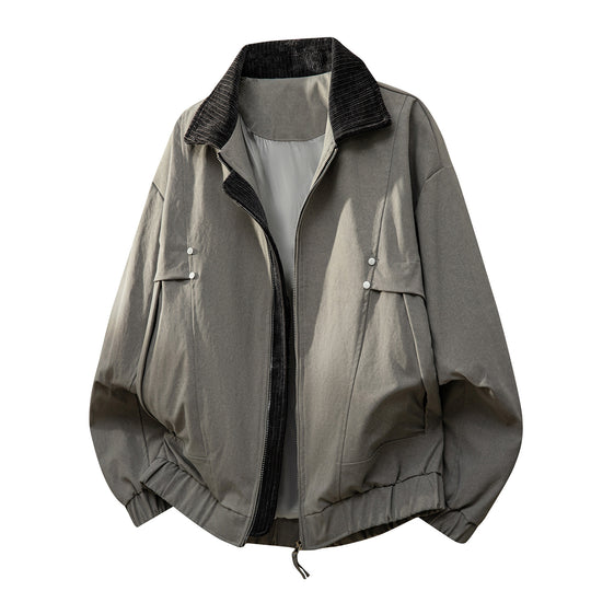 Unisex  oversized relaxed bomber jacket with corduroy contrast collar and elastic hem EB